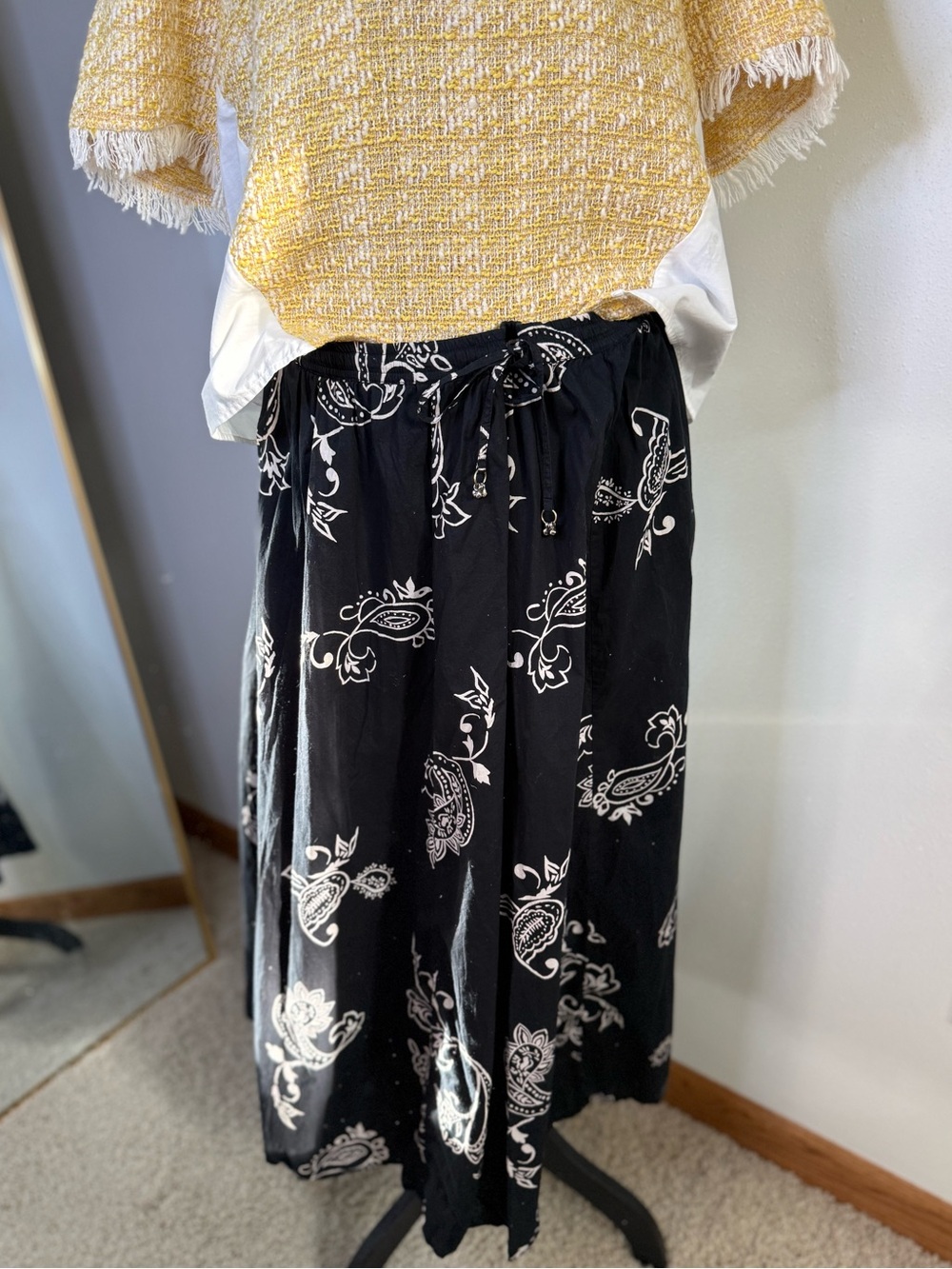 First Issue Paisley Cotton Midi Skirt Black White Boho Pull On M